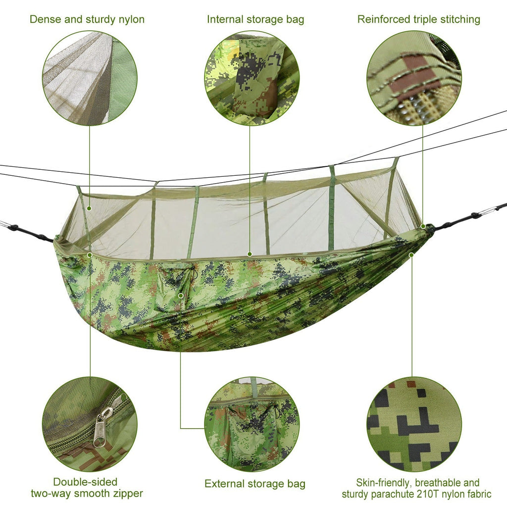 600lbs Load 2 Persons Hammock w/Mosquito Net Outdoor Hiking Camping Hommock Portable Nylon Swing Hanging Bed w/ Strap Hook Carry Bag