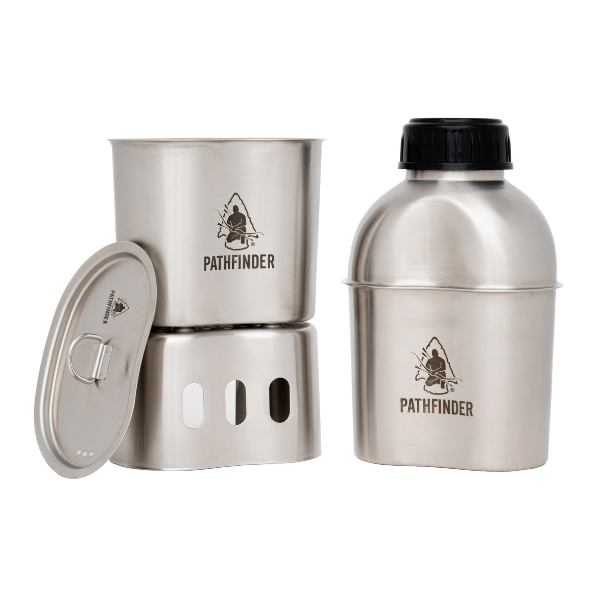 39 oz stainless steel canteen, 25 oz nesting cup, stove and lid